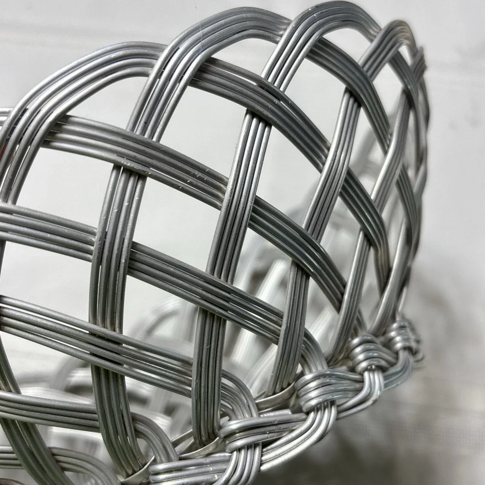 Vtg Aluminum Metal Art Basket Large Woven Bowl Fruits Bread Silver Tone 9.5